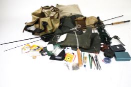 A quantity of assorted fly fishing equipment. Including waders, nets, rods etc.