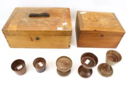 An assortment of treen and two wooden boxes.
