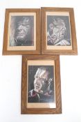 Keith Grimmett, three pastel drawings of rugby players.