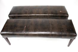 Vitage Retro : Pair of Merlino by YHS faux snakeskin benches. On square tapering supports.