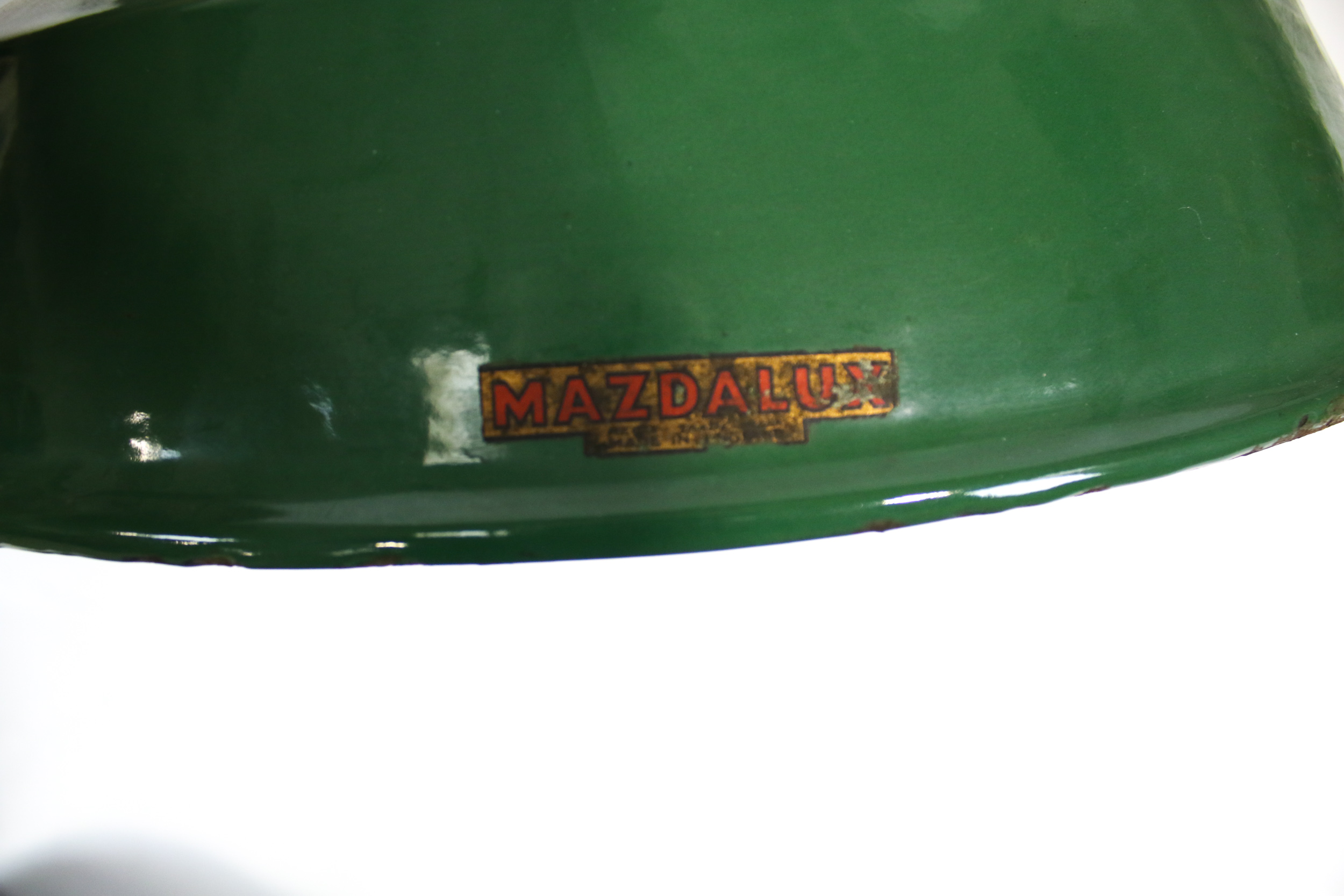 Vintage Industrial lighting : a group of six vintage Mazdalux green enamel industrial light shades. - Image 3 of 3
