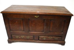 A 19th century oak mule chest. Panelled exterior with two drawers above bracket feet.