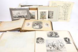 An assortment of vintage scrap books and prints. Including some mounted illustrations, etc.