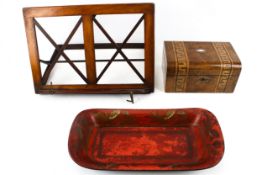 A Victorian burr walnut and straw work box, red lacquer tray and a music stand.