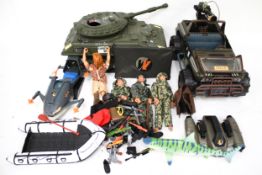 A collection of assorted Hasbro Action Man figures and accessories. Including a tank, jeep, etc.