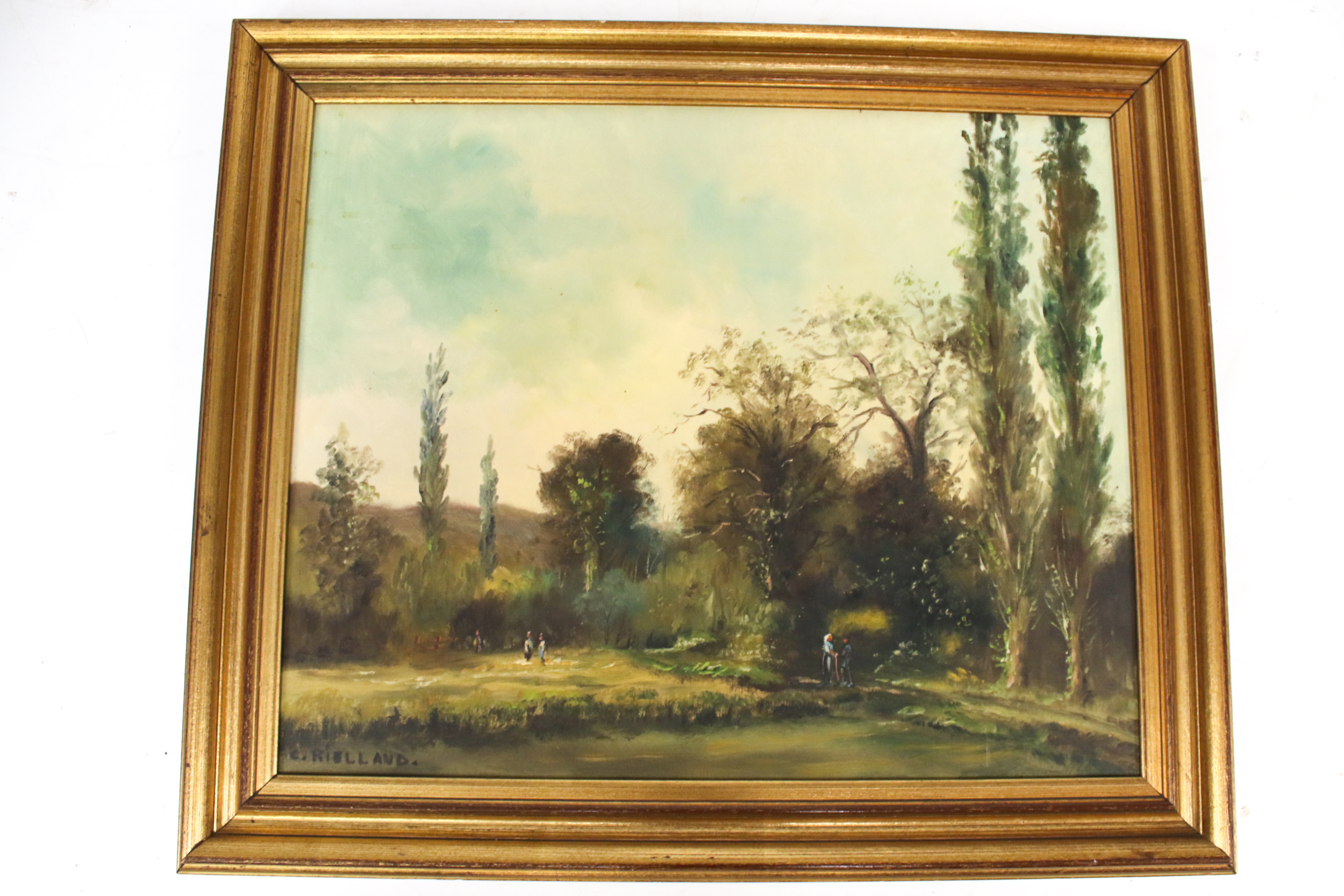 A contemporary oil on canvas depicting a rural riverside scene.