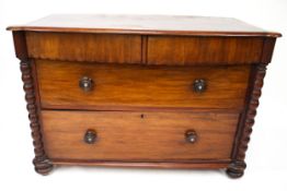 A 20th century mahogany chest of drawers. Possibly once part of a sideboard.