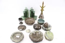 A collection of vintage serpentine and other stoneware. Including a pair of green bookends, H13.