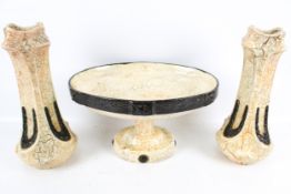 A set of three vintage crackle glazed ceramic items. To include a pair of vases and a dish on stand.
