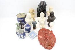 An assortment of busts and Wedgwood Jasperware.