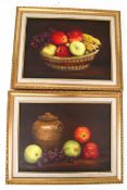 Ann Grey, a pair of contemporary oil on boards depicting still lives of fruit.