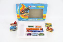 Four vintage Matchbox diecast cars and a Corgi Juniors 3025 Transporter Gift Set.