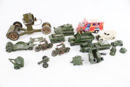 An assortment of diecast military vehicles.