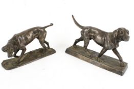 Two pewter figures of dogs. A labrador retriever and an English pointer, max.