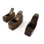Three vintage wooden block planes. Including one with blade stamped Marples & Sons, H13cm, etc.