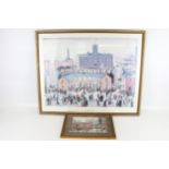 Two L S Lowry prints, including 'VE Day Celebrations' and one other. Framed and glazed.