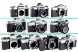 Ten assorted Praktica 35mm SLR cameras.