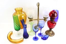 A group of assorted glassware. Including various colours, an red oil lamp and brass lamp, etc. Max.