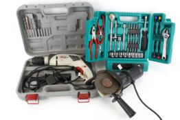 Electric hand tools and a tool set. Including a hammer drill, 240v, and an angle grinder, etc.