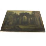 An antique oil on canvas depicting a ruined abbey. Unsigned, 40.5cm x 60.