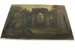 An antique oil on canvas depicting a ruined abbey. Unsigned, 40.5cm x 60.