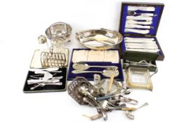 A collection of assorted silverplated items. Including cased sets, toast rack, etc. Max.