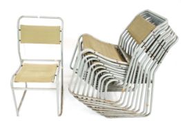 Ten metal and canvas industrial style tubular stacking chairs, Pel Cox.