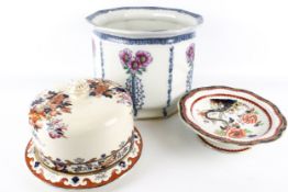 A 19th century cheese dome, jardiniere and a cake stand.