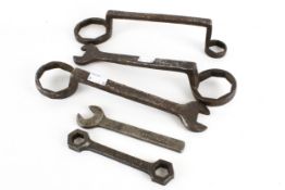 Three stage coach wheel spanners plus two others. Including a 'Snail' brand 3/8 W 7/16 F, etc.