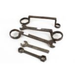 Three stage coach wheel spanners plus two others. Including a 'Snail' brand 3/8 W 7/16 F, etc.