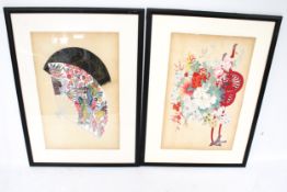 Two contemporary Japanese coloured prints. One depicting two fans, 54cm x 34.