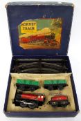 A vintage Meccano Hornby O gauge clockwork train set, boxed.