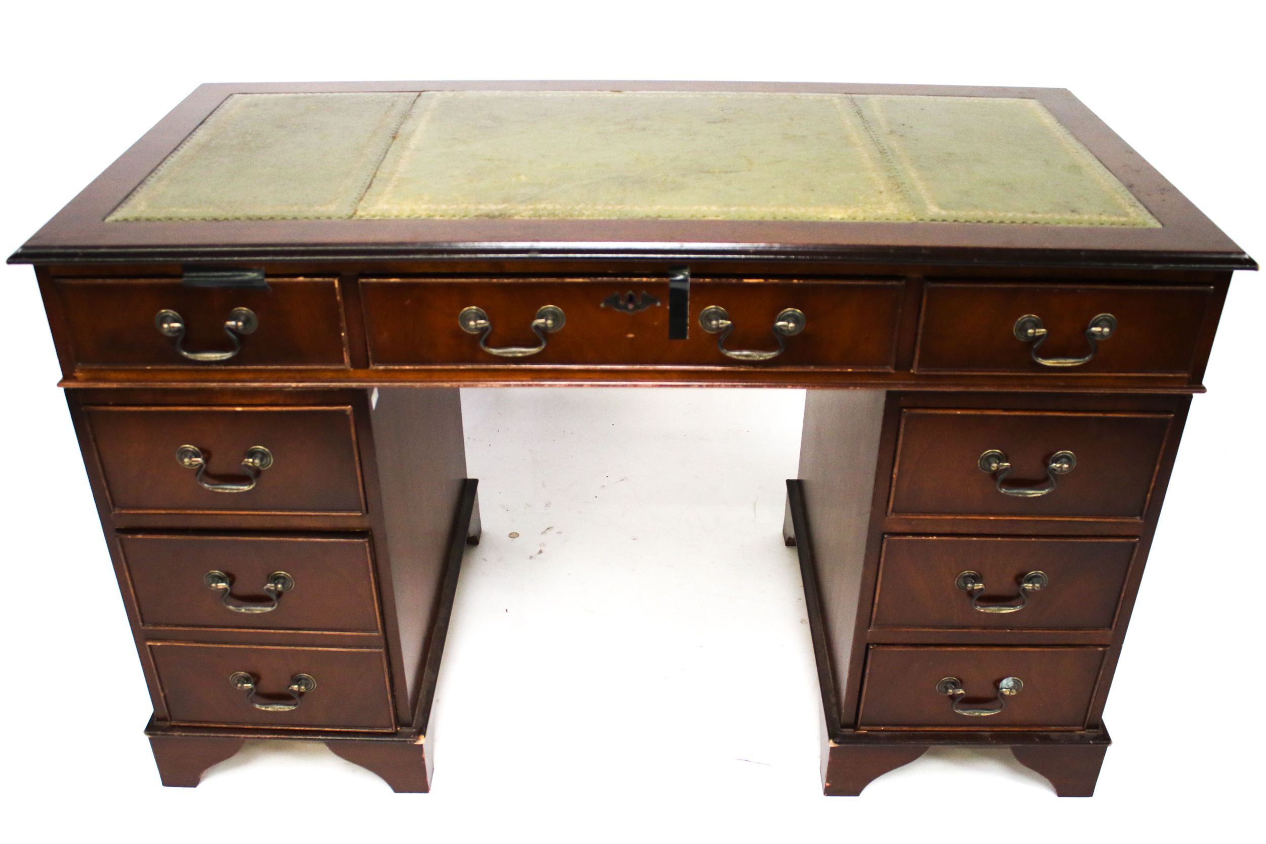 A reproduction mahogany Georgian style twin pedestal desk. With green inset leather top.