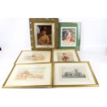 Six framed pictures. Including two watercolour paintings by T.