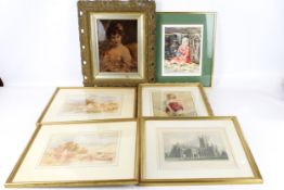 Six framed pictures. Including two watercolour paintings by T.