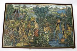 A Balinese painting on fabric. Native people at work.