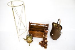 A group of metalware, a jardinere stand and a magazine rack.