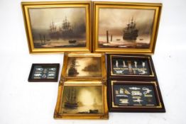 Two pairs of marine oil paintings on canvas, and a collection of knotwork pictures.