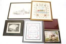 An assortment of prints, paintings and needlework.