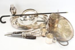 A collection of plated items and a silver mounted walking stick.