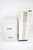 A fifteen drawer Bisley filing cabinet and a two drawer cabinet.
