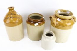 Vintage stoneware. Including two storage jars and a flagon 'Sanitas', etc, Max.