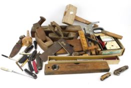 An assortment of tools and collectables. Including penknives, Sorby woodworking tools, rulers, etc.
