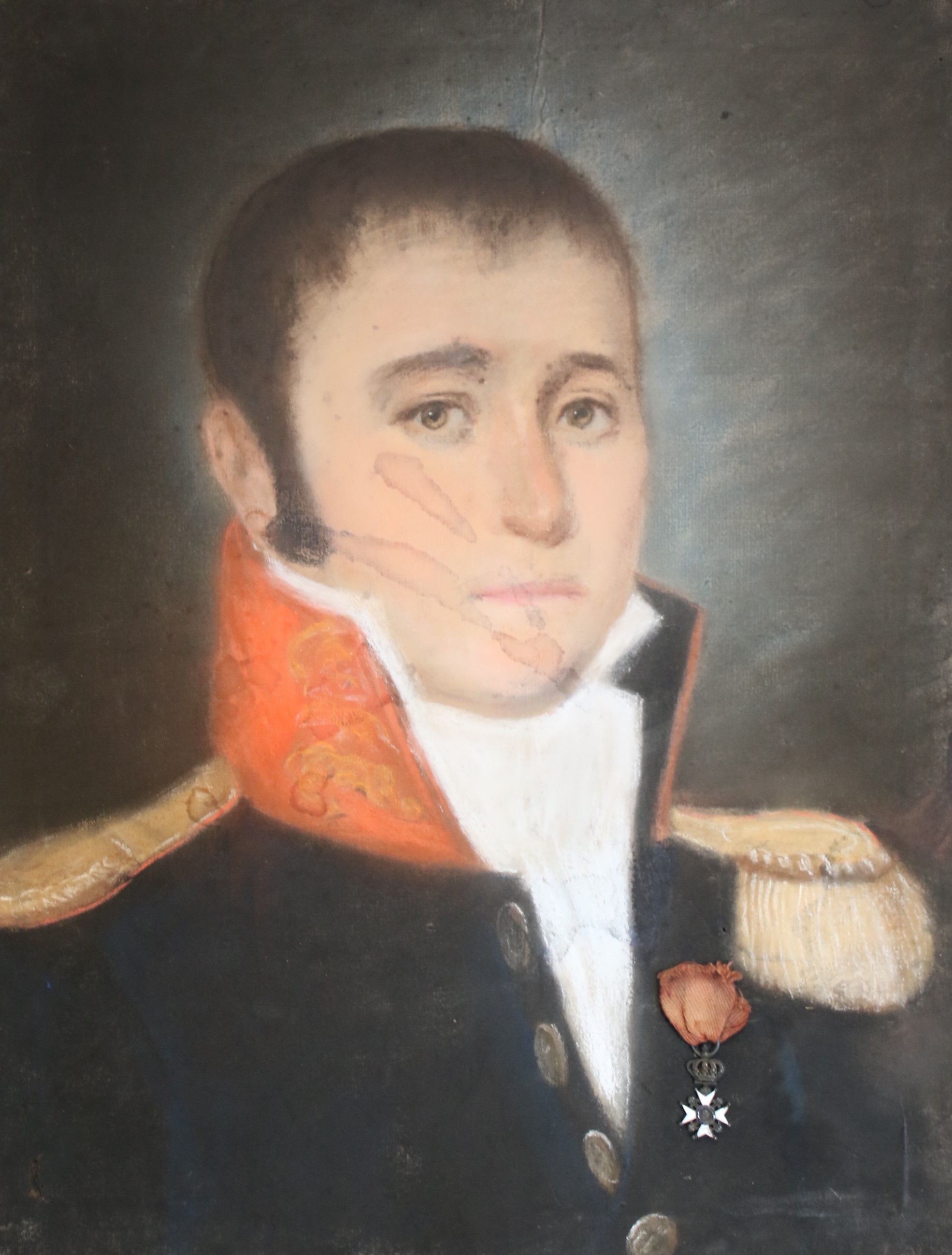 A pastel Napoleonic military portrait with actual Miniature Medal (mounted as worn).