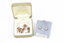 Four pairs of vintage 9ct gold and gem/cubic zirconia set earrings.