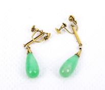 A pair of jadeite and seed-pearl pendent earrings, circa 1930.