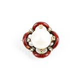 A late Victorian red-enamelled gold, bouton 'pearl' and diamond brooch. The 10.