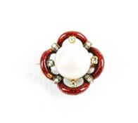 A late Victorian red-enamelled gold, bouton 'pearl' and diamond brooch. The 10.