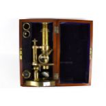 A Negretti & Zambra London monocular reflecting microscope. In a mahogany case, with spare lens, No.