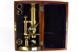 A Negretti & Zambra London monocular reflecting microscope. In a mahogany case, with spare lens, No.